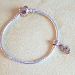 Authentic Pandora bracelet w/Rose Gold heart charm